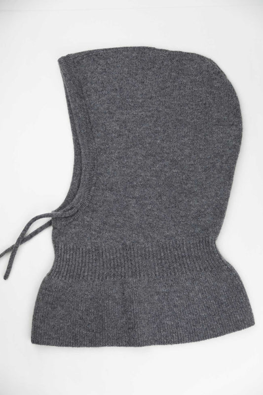 Gray knitted 100% Mongolian cashmere balaclava on a white background