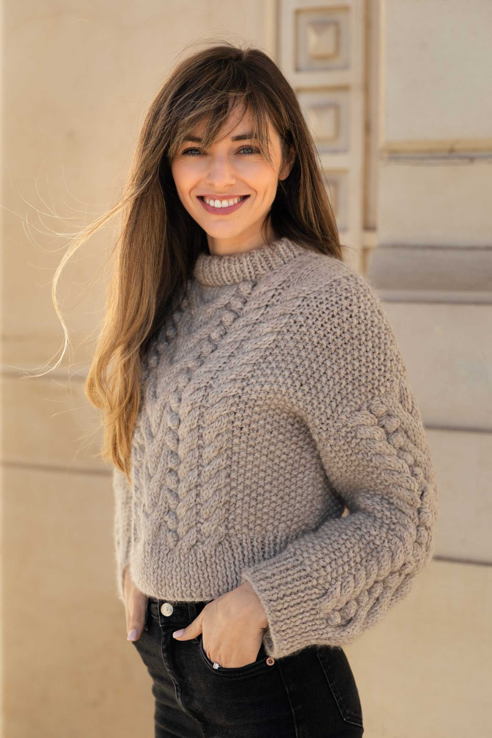 Wool-Alpaca Chunky Sweater, in stone grey color, bubble-knit pattern