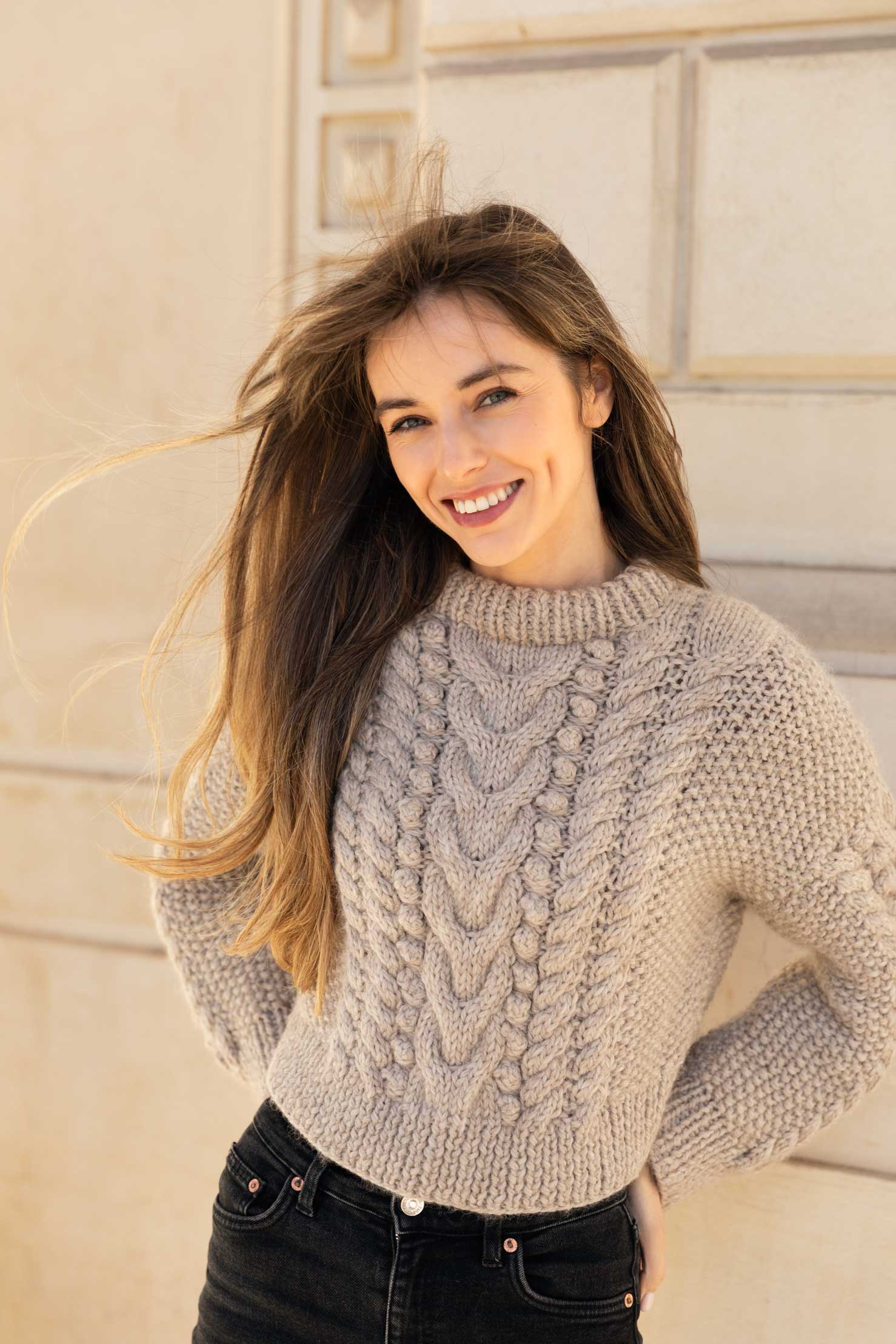 Wool-Alpaca Chunky Sweater, in stone grey color, bubble-knit pattern