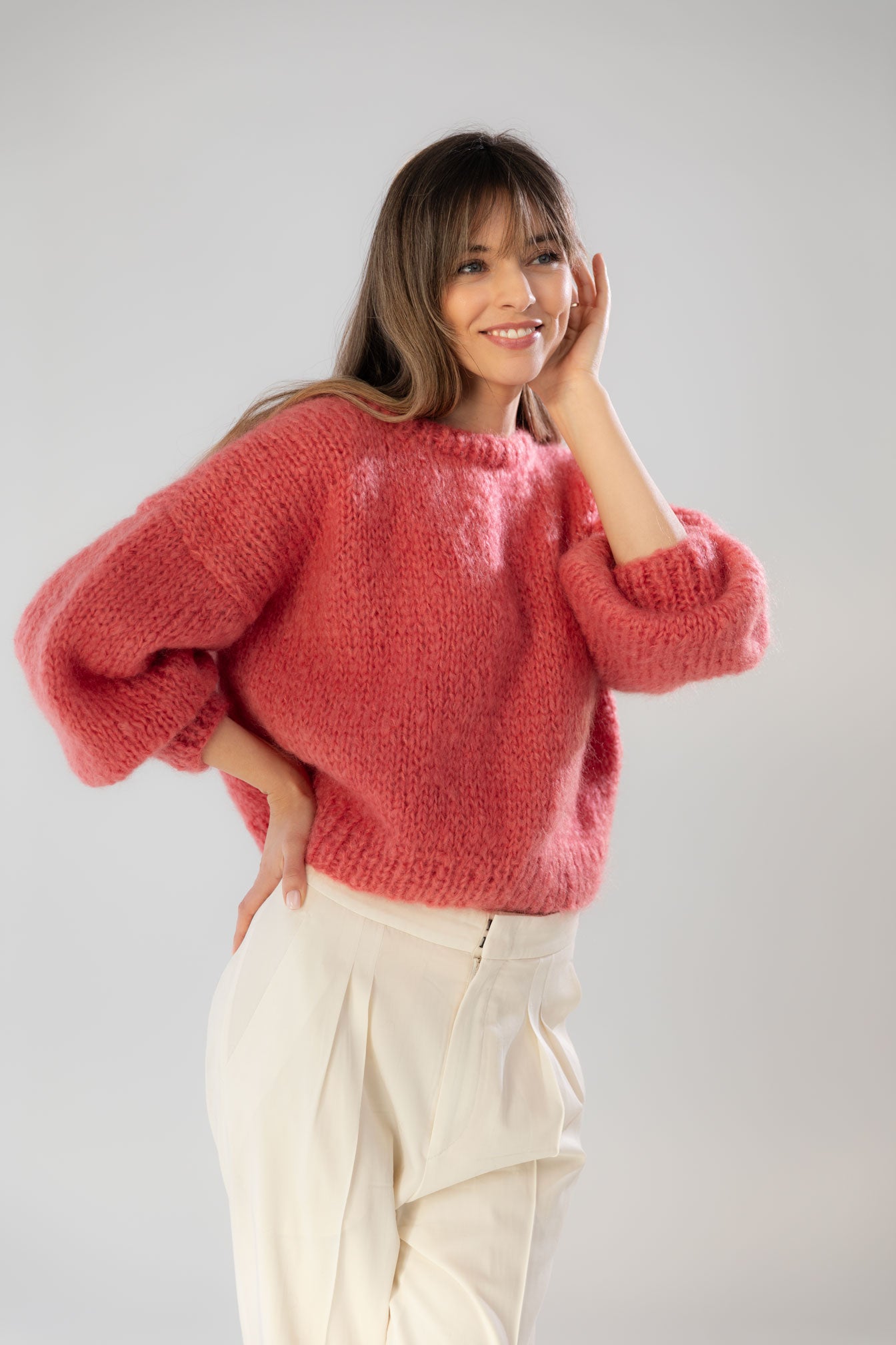 Raspberry pink mohair and organic wool sweater, oversized fit and a boxy shape.