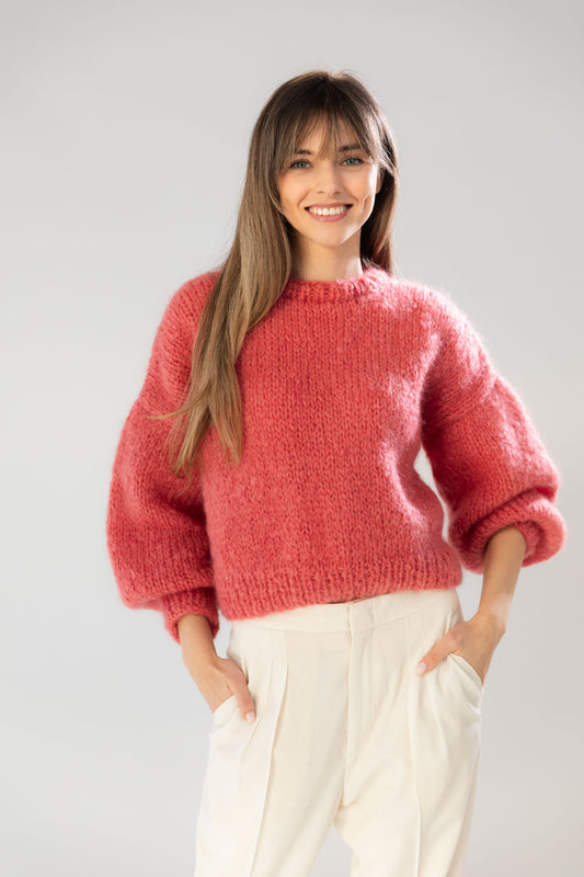 Raspberry pink mohair and organic wool sweater, oversized fit and a boxy shape.