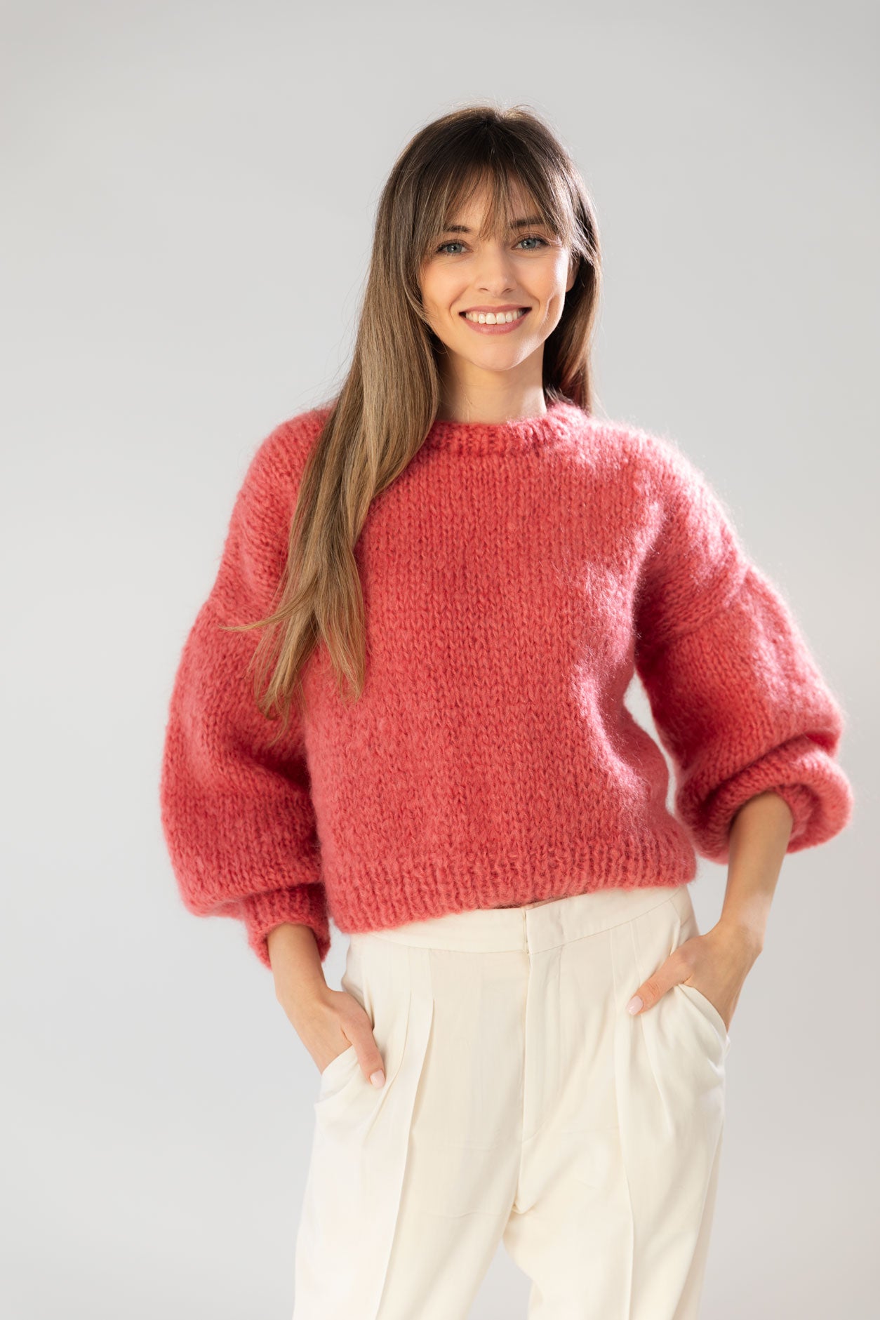 Raspberry pink mohair and organic wool sweater, oversized fit and a boxy shape.