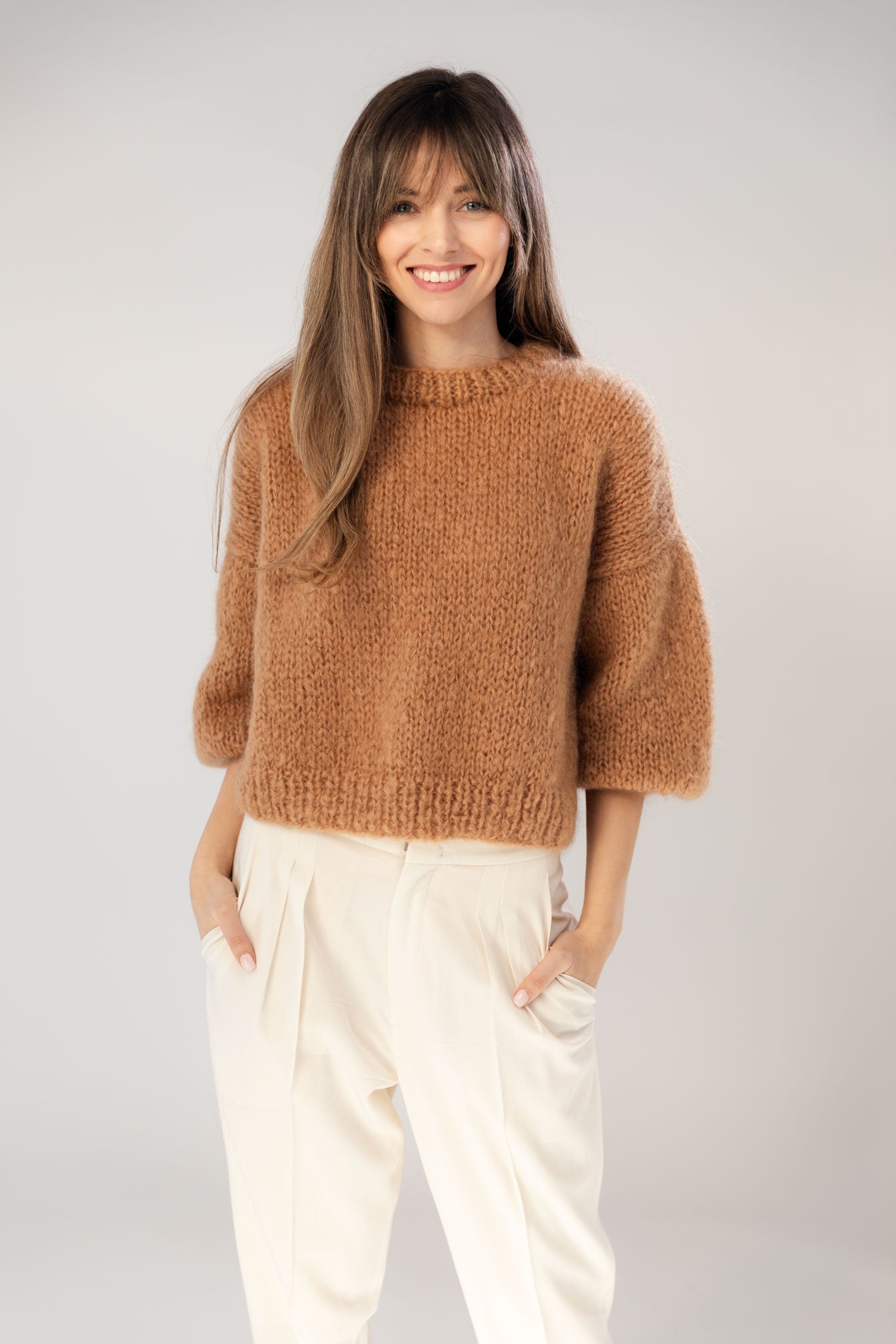 Camel mohair and organic wool sweater, oversized fit and a boxy shape.