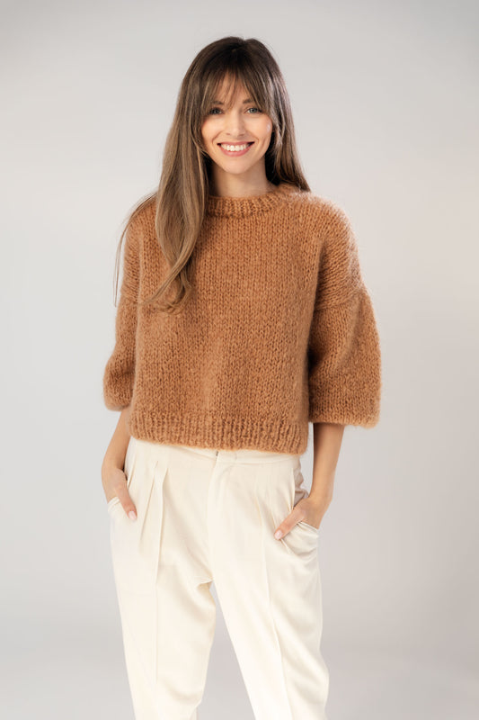 Camel mohair and organic wool sweater, oversized fit and a boxy shape.
