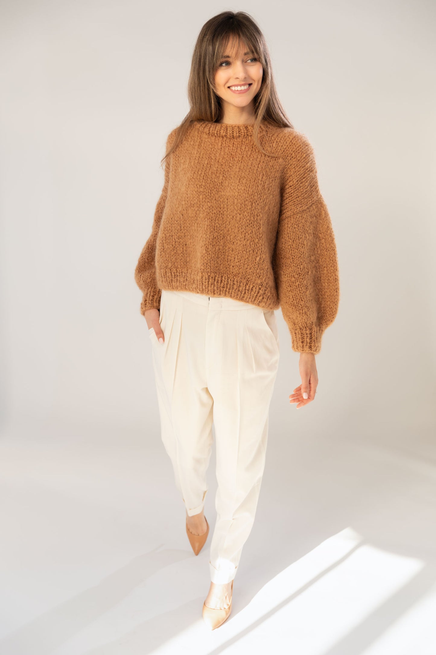 Camel mohair and organic wool sweater, oversized fit and a boxy shape.