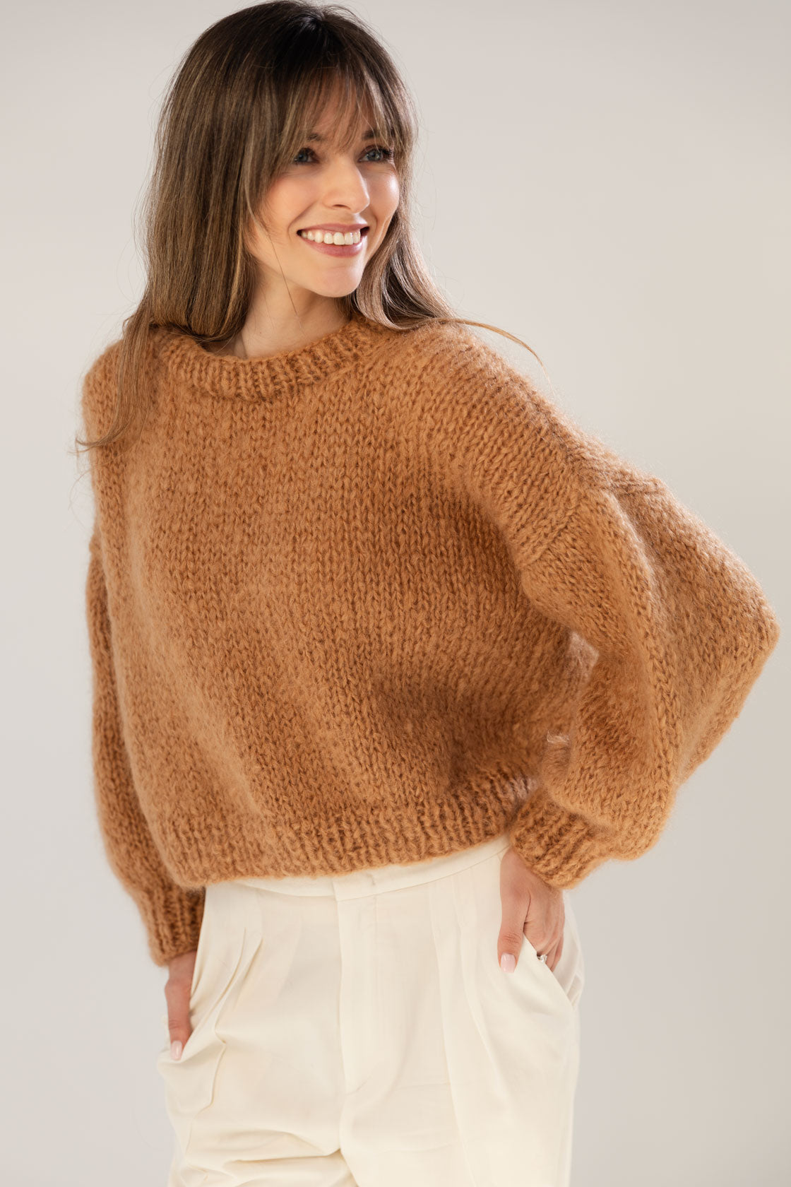 Camel mohair and organic wool sweater, oversized fit and a boxy shape.