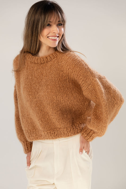 Camel mohair and organic wool sweater, oversized fit and a boxy shape.