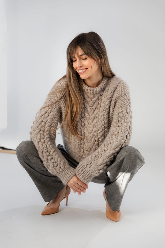 Wool-Alpaca Chunky Sweater, in stone grey color, bubble-knit pattern