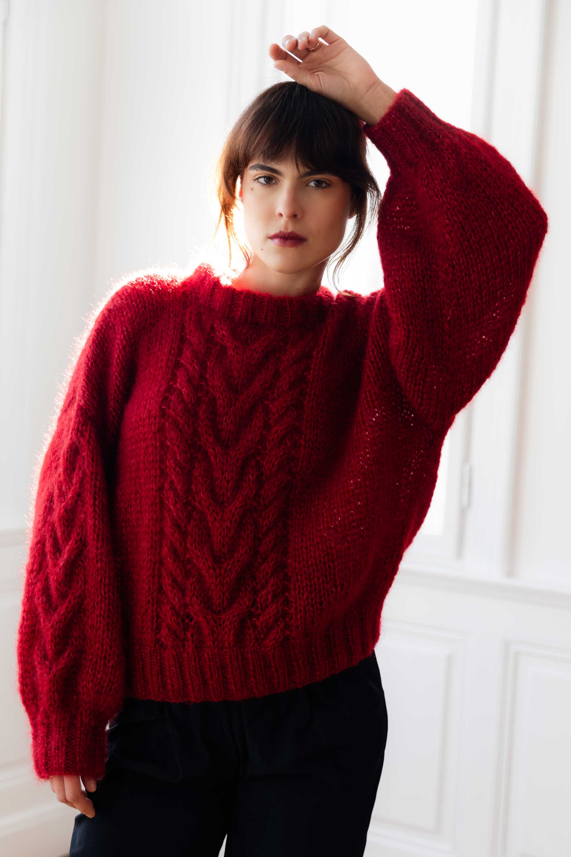 Mohair Cable Knit Sweater in Burgundy Red