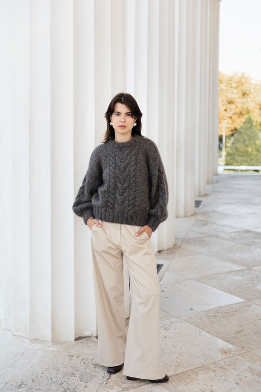 Mohair-Silk Cable Knit Sweater - Brown