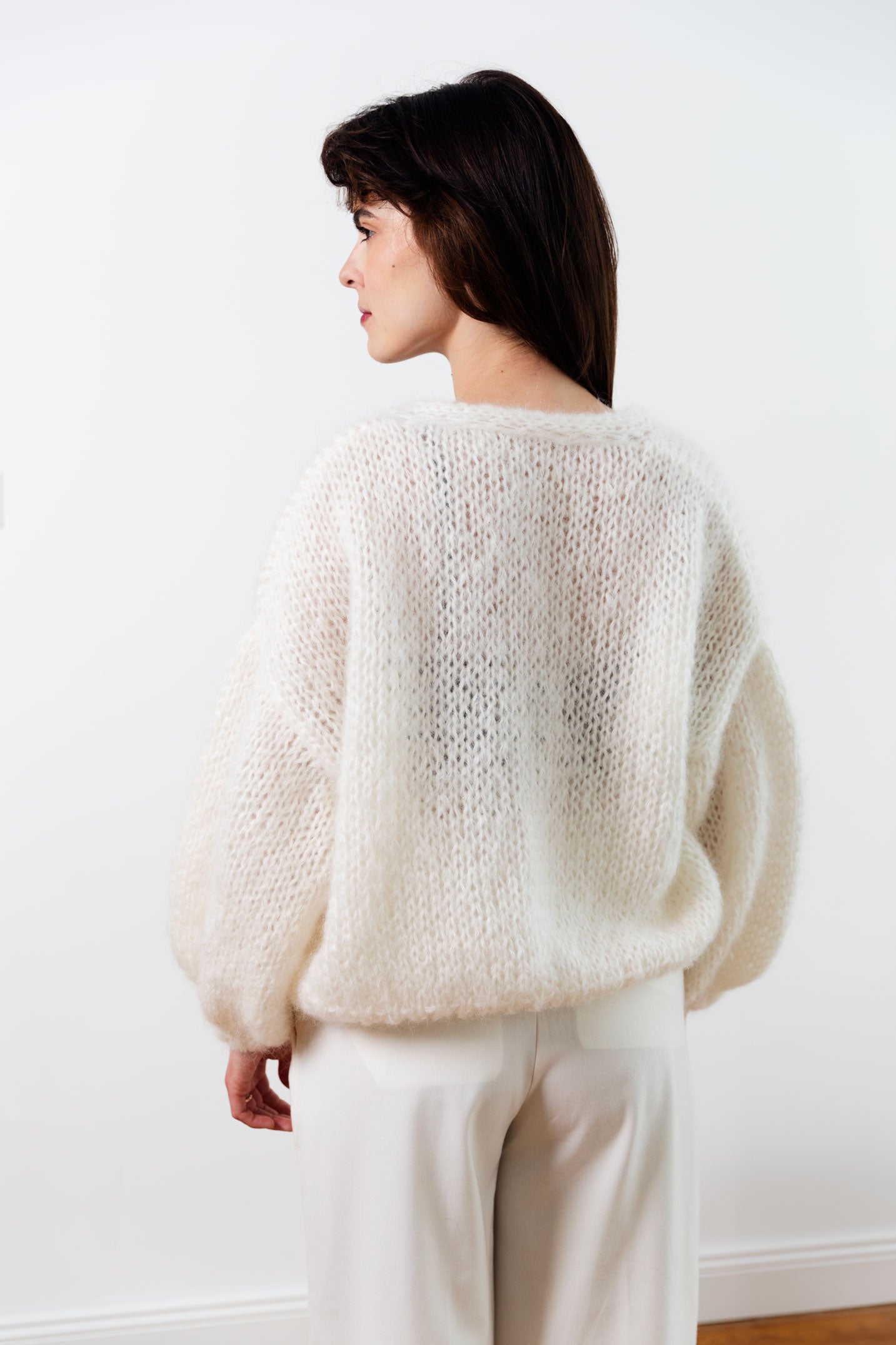 white mohair bomber cardigan