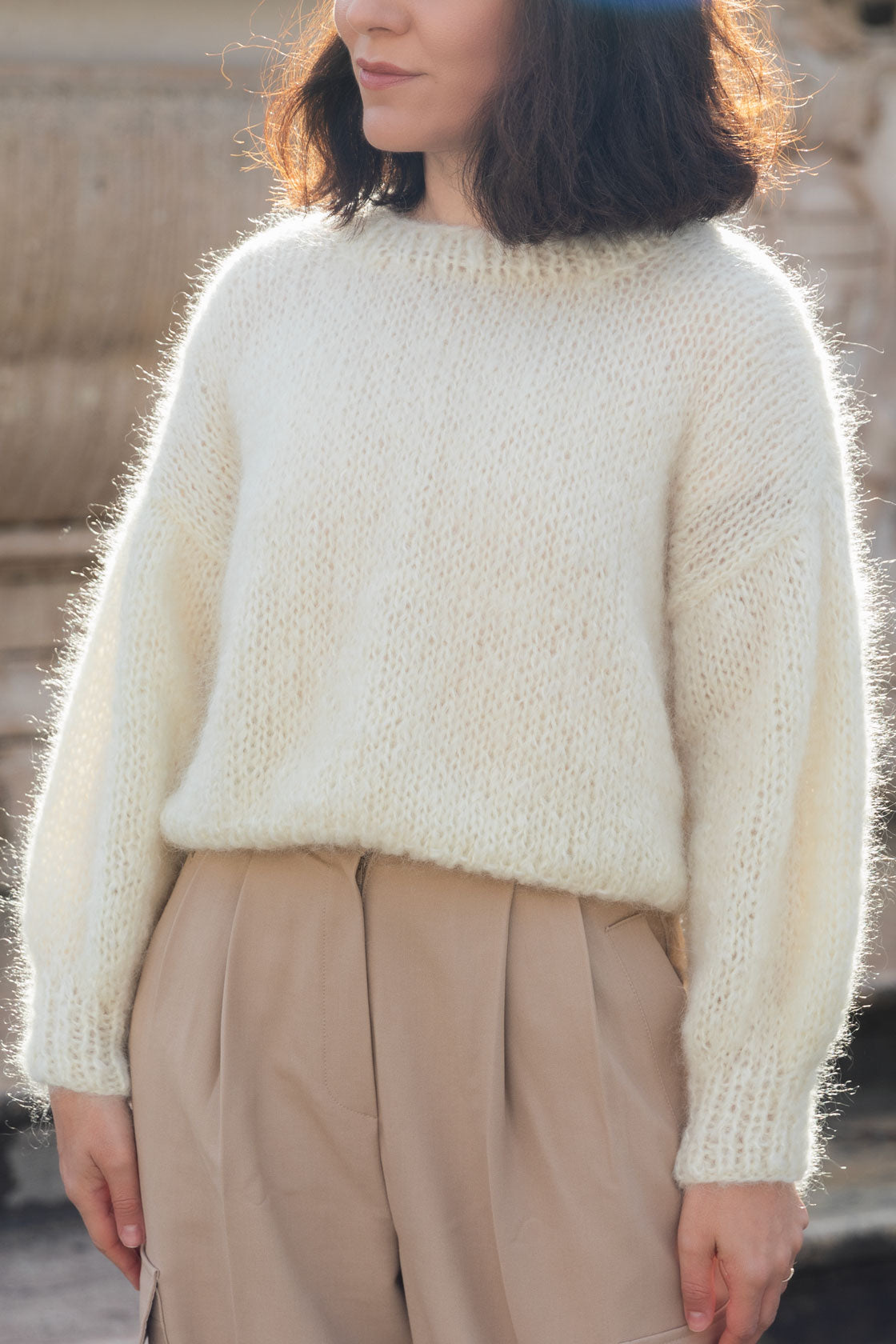 Ivory White mohair and organic wool sweater, oversized fit and a boxy shape.