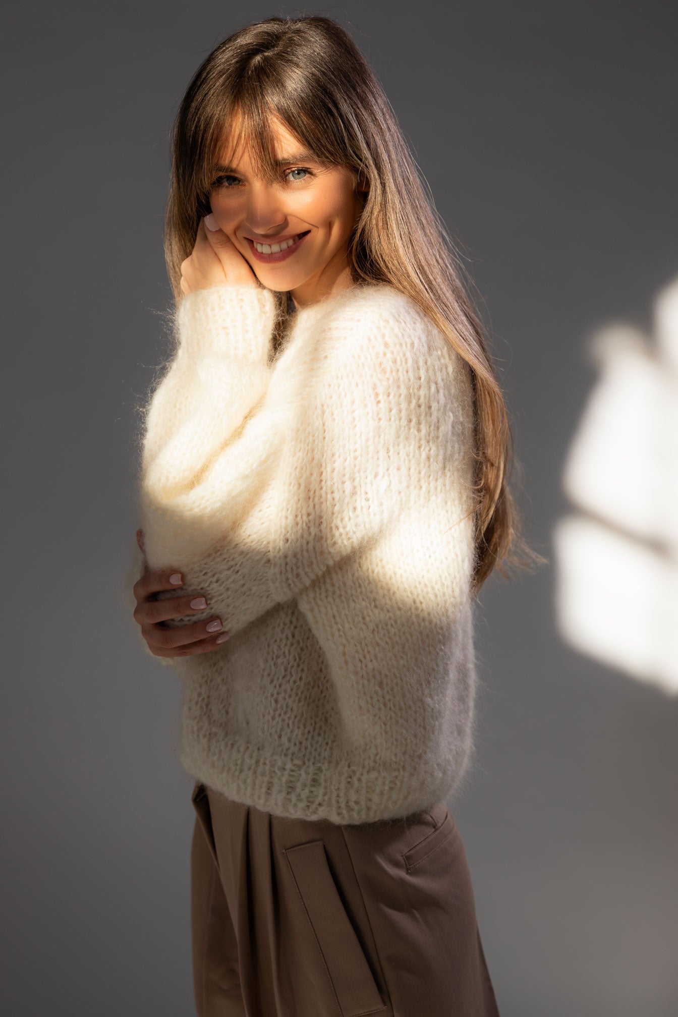 Ivory-White Mohair and Organic wool sweater, oversized fit and a boxy shape.