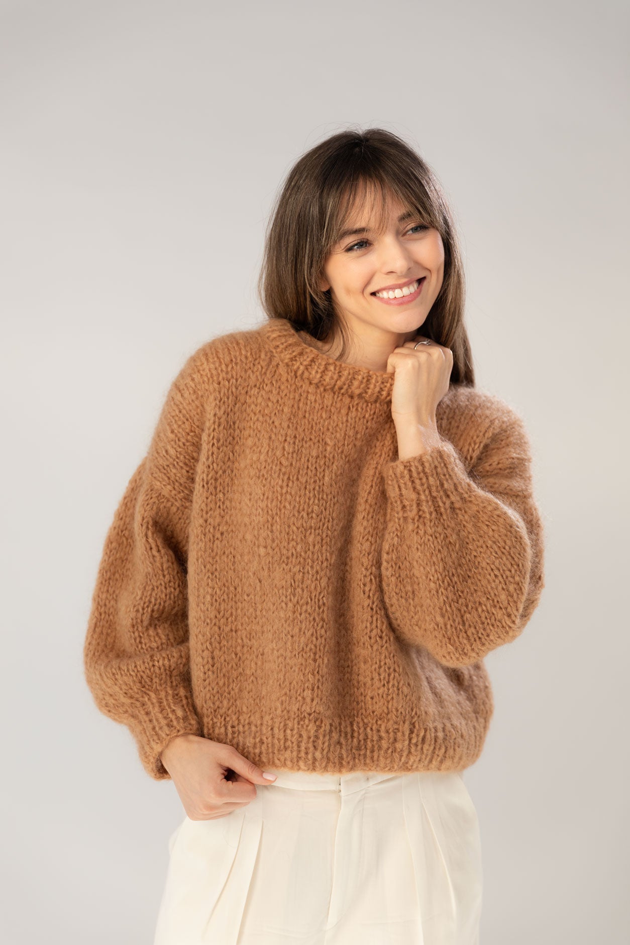 Camel mohair and organic wool sweater, oversized fit and a boxy shape.