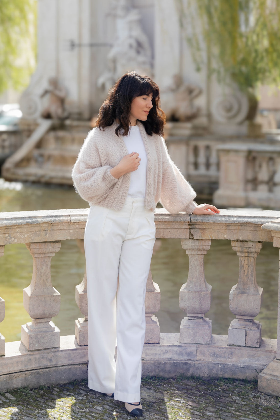 Beige Mohair Cardigan with Balloon Sleeves