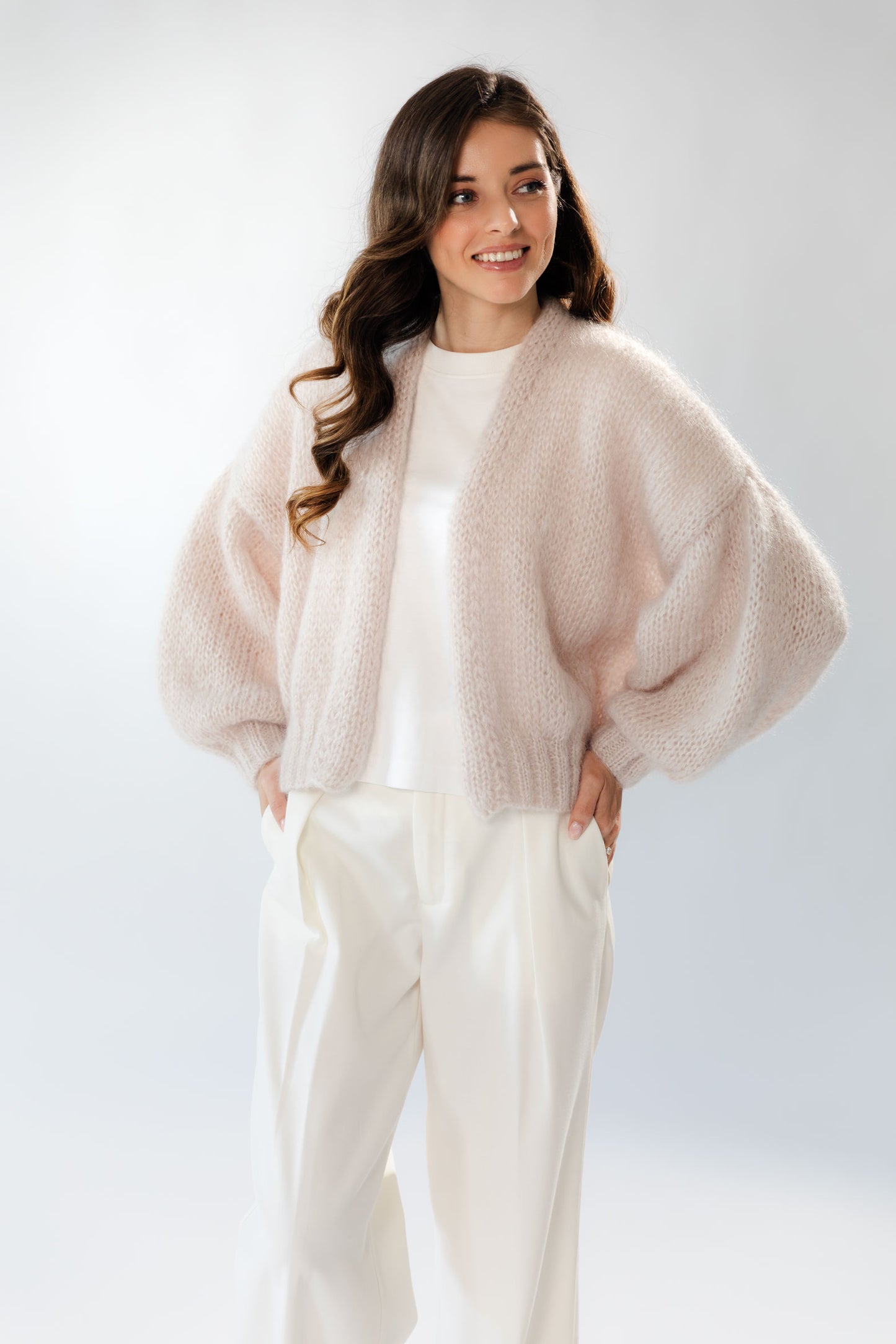 Beige Mohair Cardigan with Balloon Sleeves