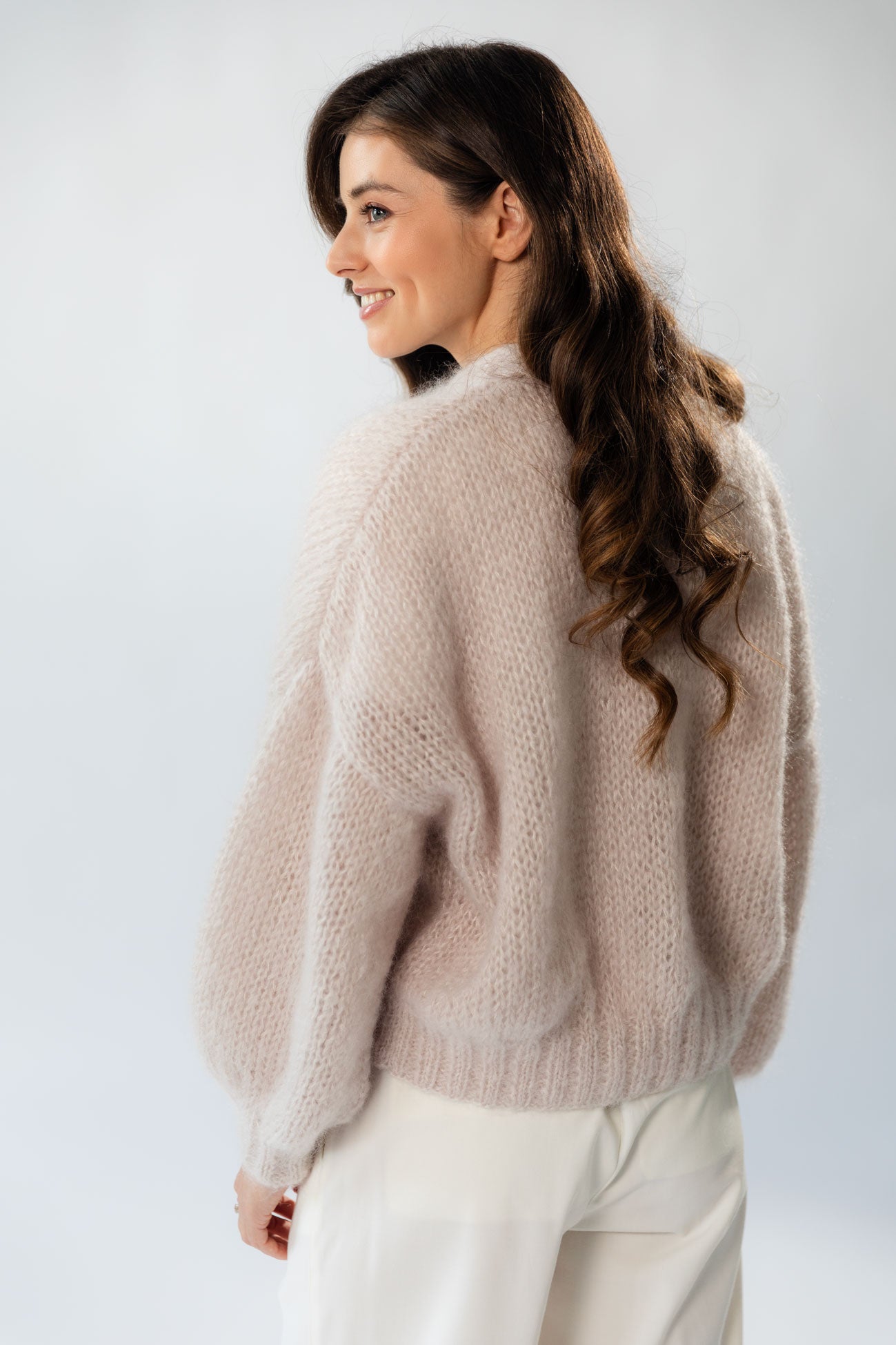 Beige Mohair Cardigan with Balloon Sleeves