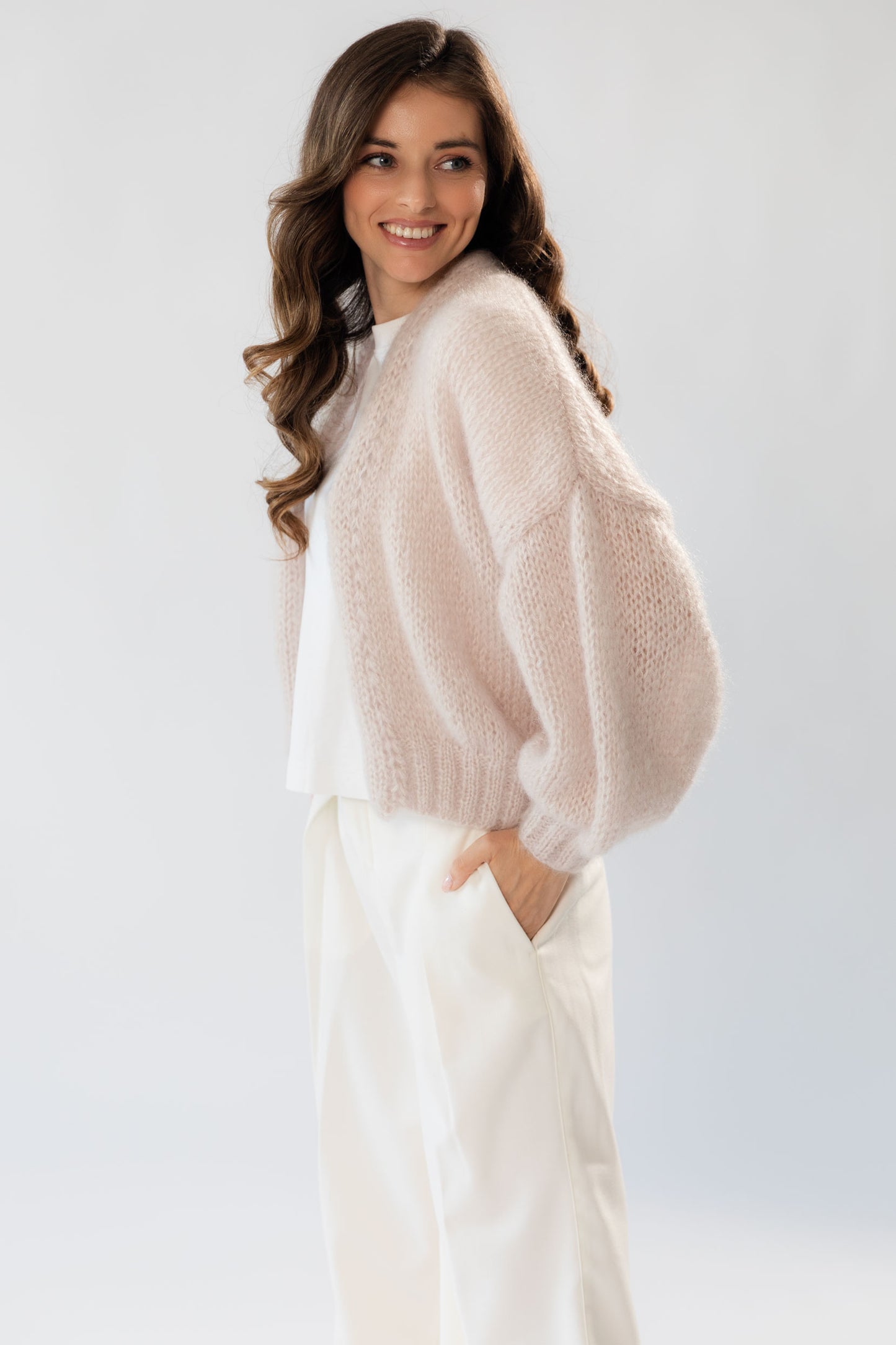 Beige Mohair Cardigan with Balloon Sleeves