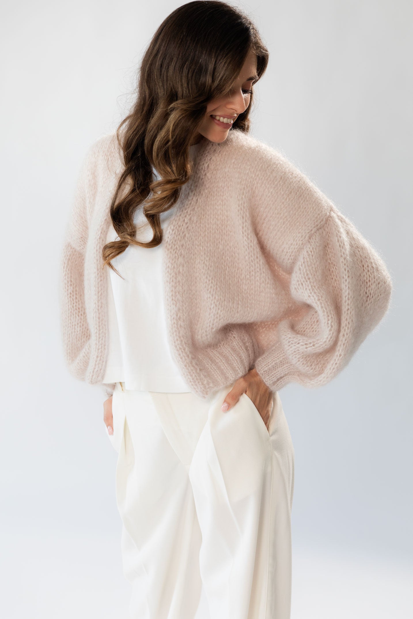 Beige Mohair Cardigan with Balloon Sleeves