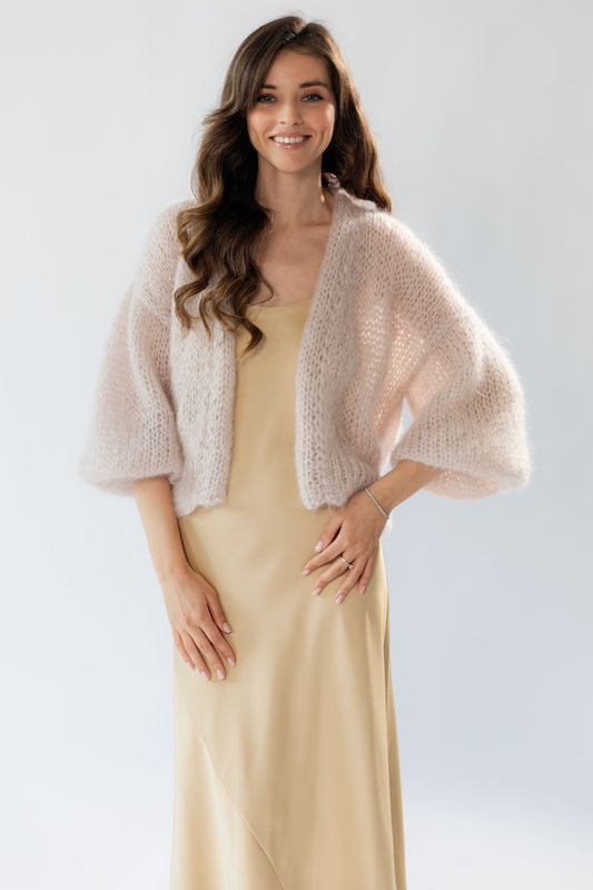  Mohair Cardigan with balloon sleeves and airy, sheer texture. Lightweight, summer knit.