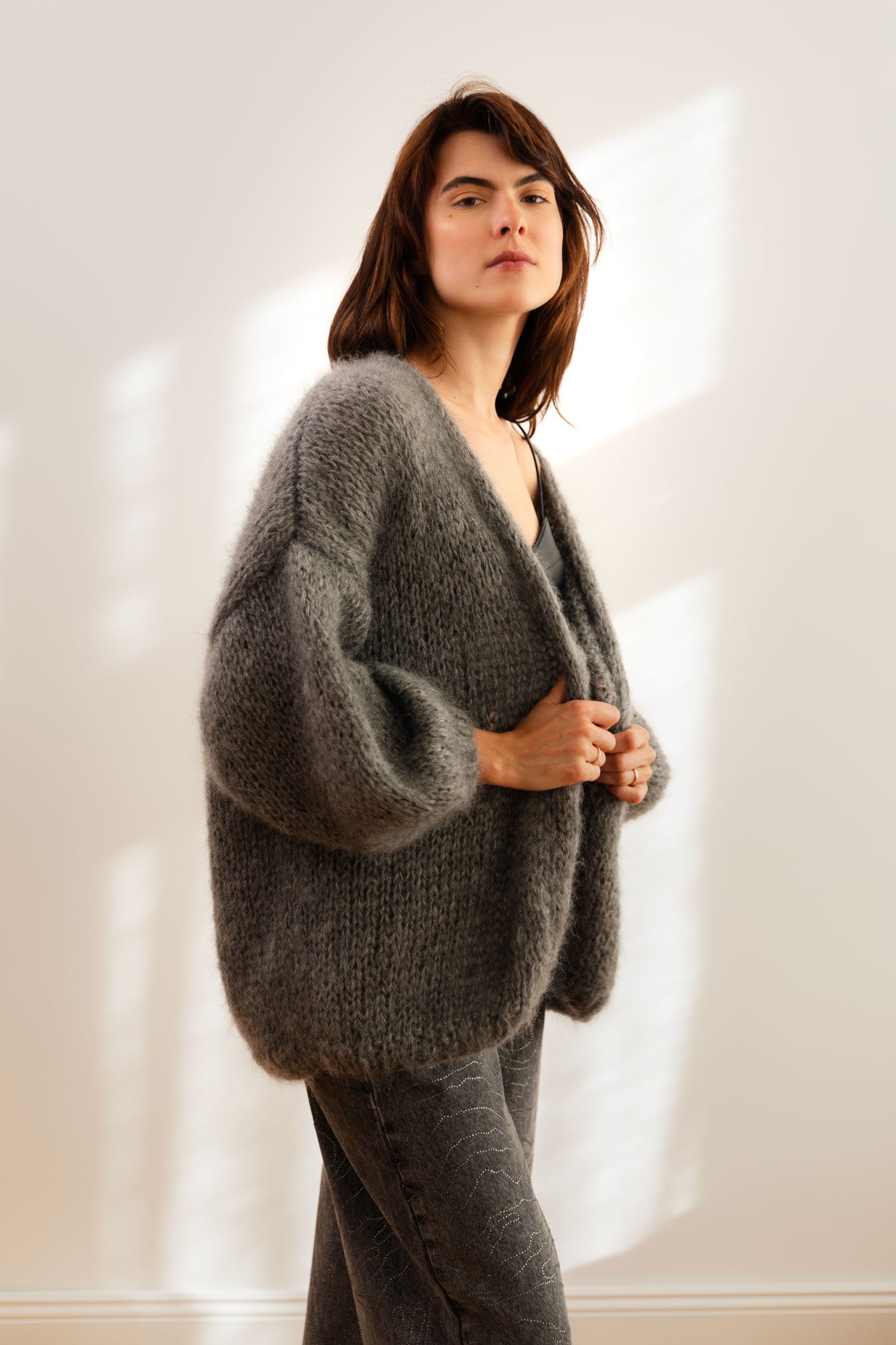 Mohair Bomber Cardigan, oversized, medium long, in grey colour