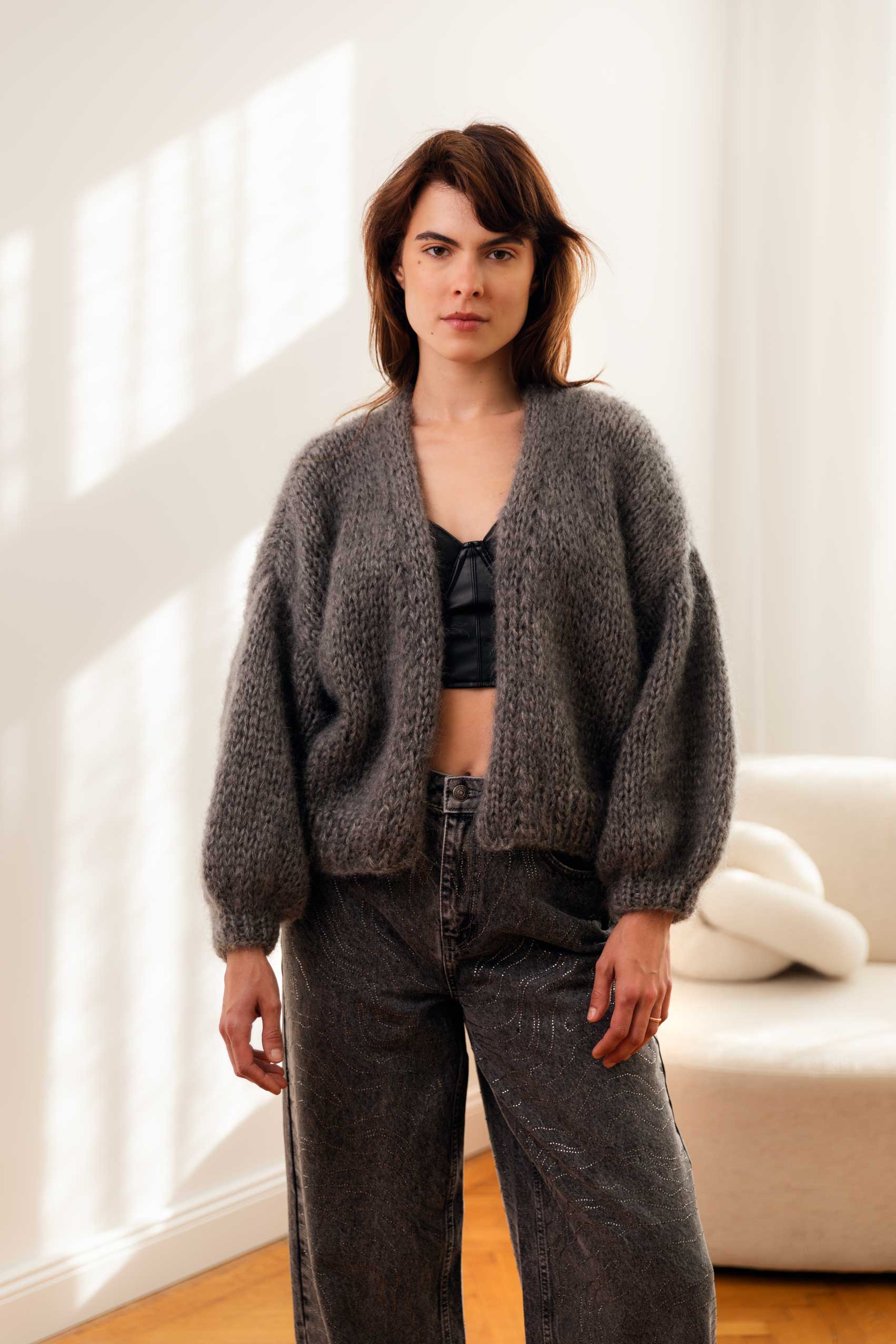 Chunky Mohair Cardigan In Grey