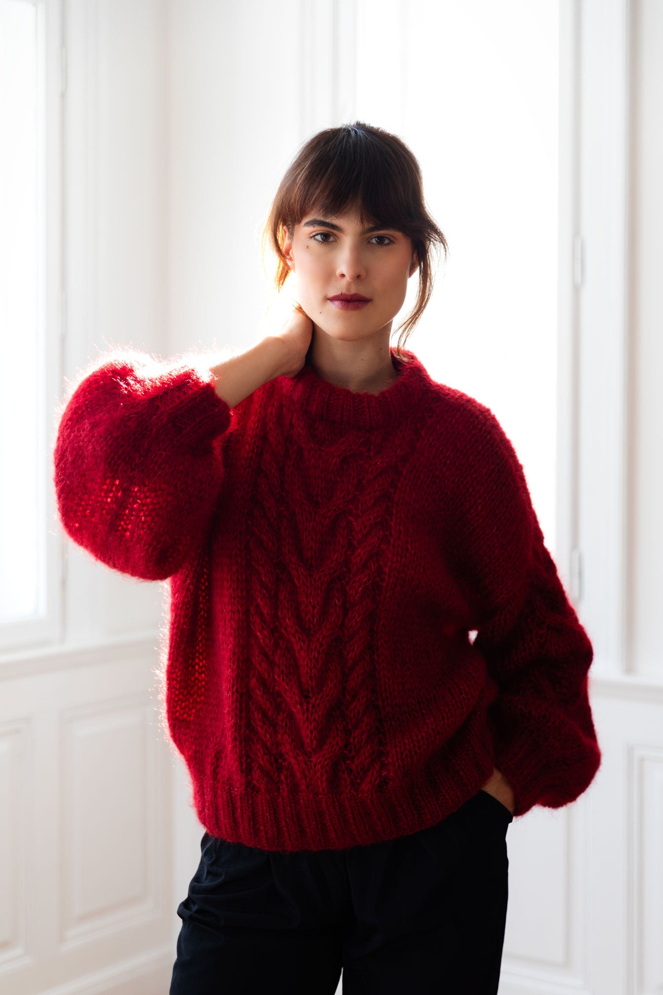 Mohair Cable Knit Sweater in Burgundy Red