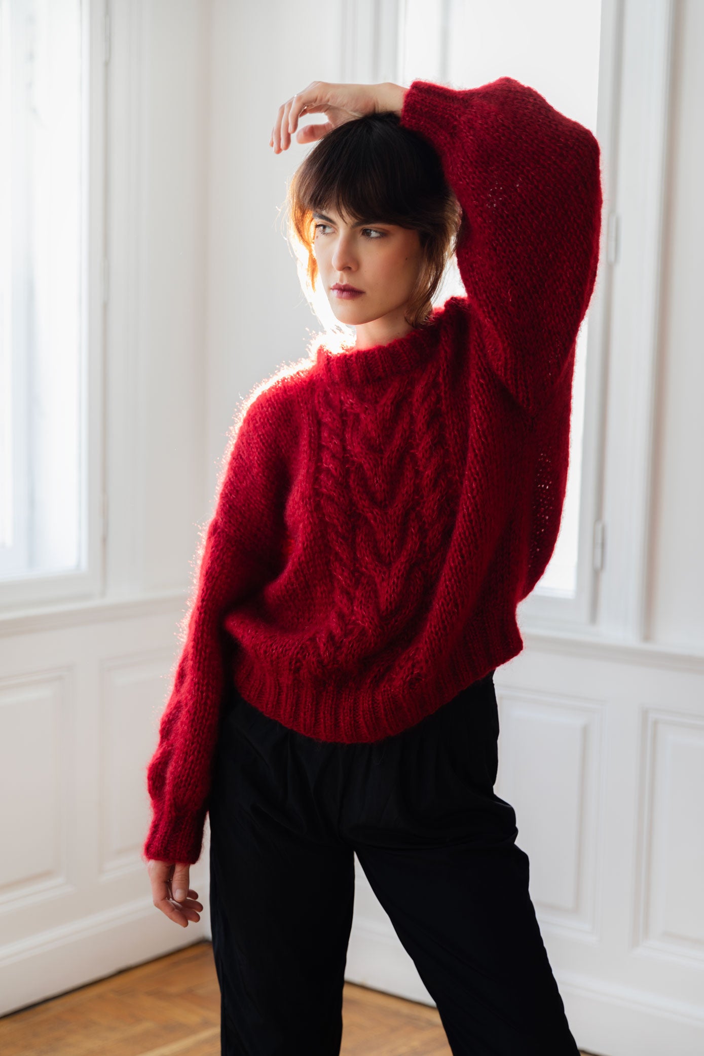 Mohair Cable Knit Sweater in Burgundy Red