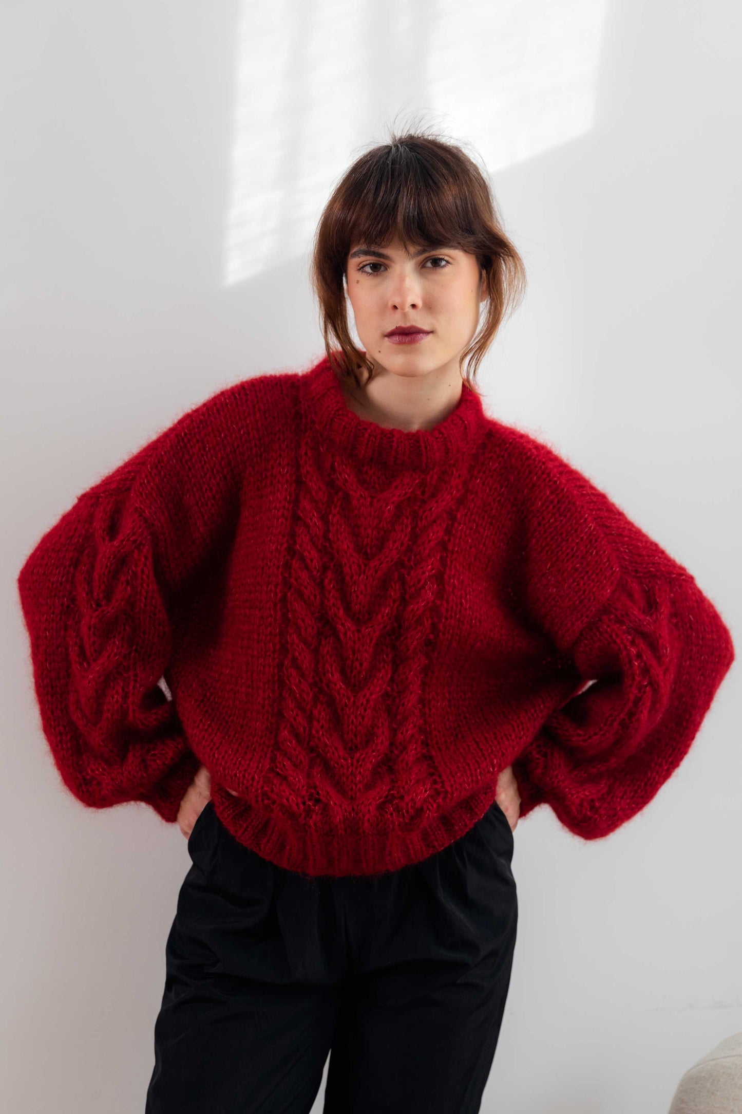 Mohair Cable Knit Sweater in Burgundy Red