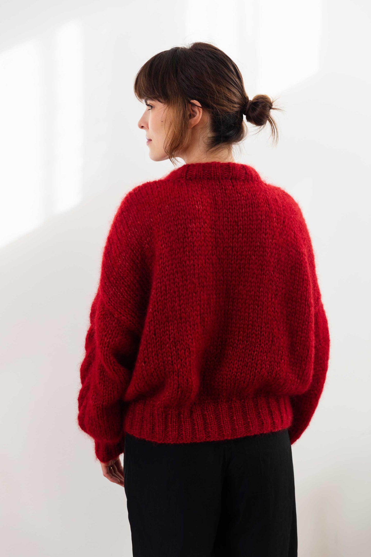 Mohair Cable Knit Sweater in Burgundy Red