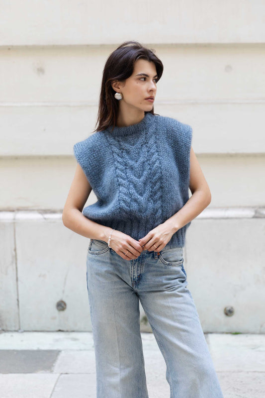 Mohair-Silk Cable Knit Vest - Slate Blue