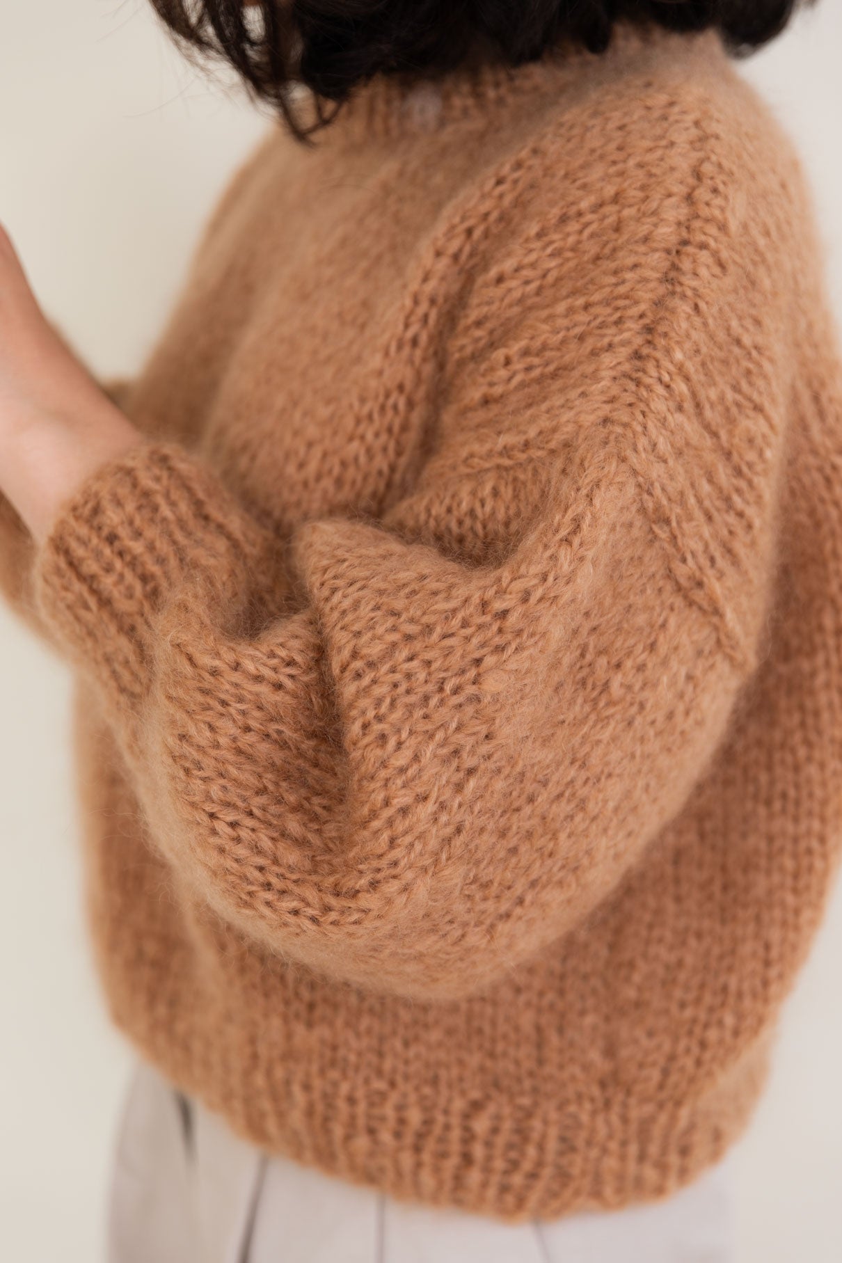 Camel mohair and organic wool sweater, oversized fit and a boxy shape.