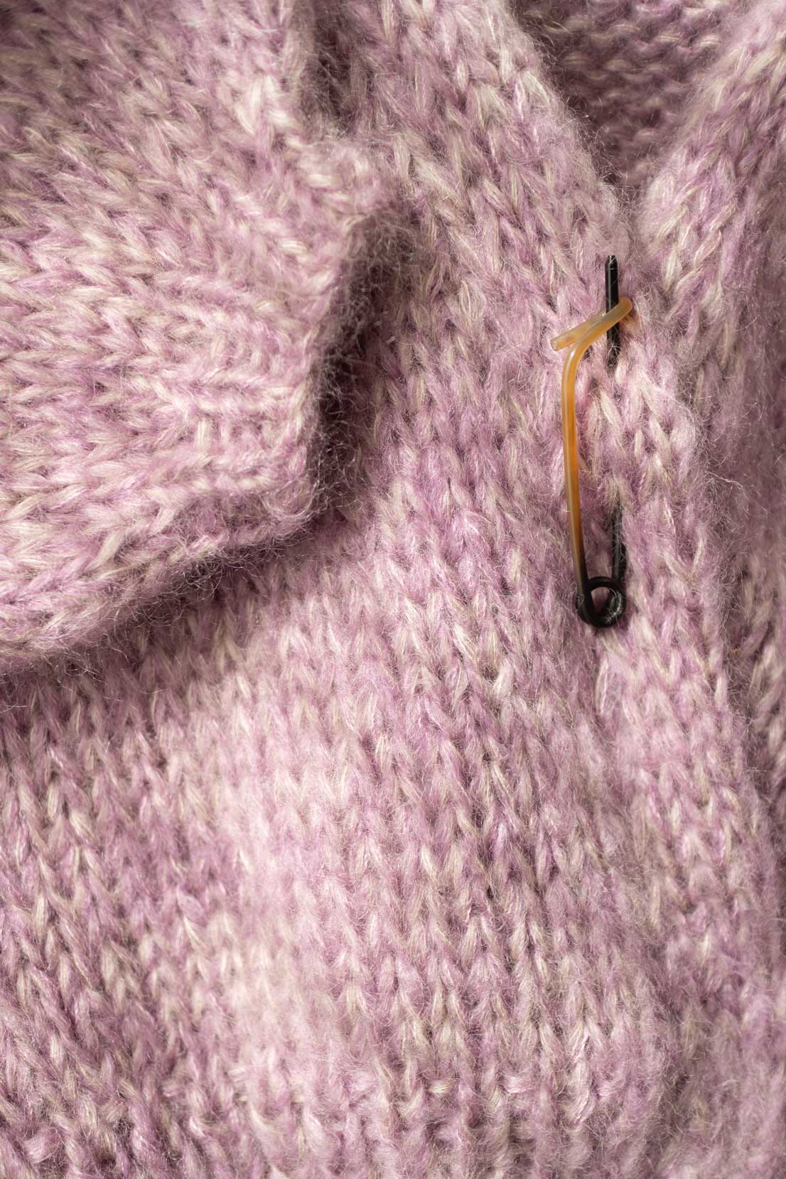 Textured purple and beige mohair-silk cardigan featuring a needle-style pin button.