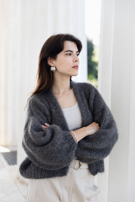 Woman wearing a brown cardigan