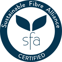 Sustainable Fibre Alliance certified logo with two leaves and 'sfa' initials.