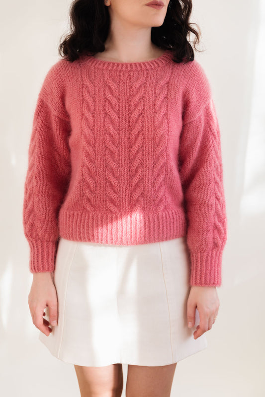 Mohair silk sweater, embellished with a cable knit pattern, in a beautiful pink color 