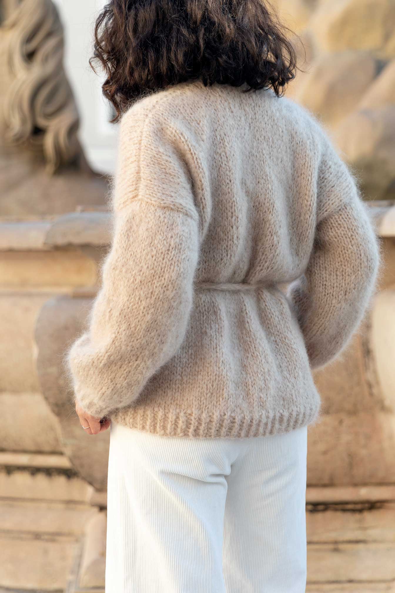 Beige mohair cardigan, handmade, with dropped shoulders and belt. Designed for a relaxed fit, is just as elegant as it is effortless. Style it with casual jeans or a slip dress. Made from premium Italian yarn.